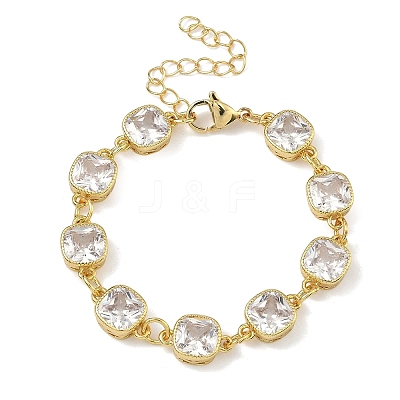 Square Brass Pave Cubic Zirconia Link Chain Bracelets for Women BJEW-P385-08G-03-1