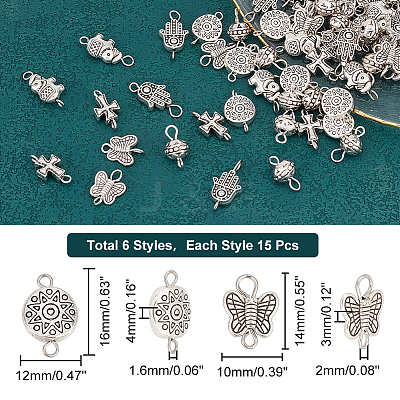 90Pcs 6 Styles Tibetan Style Alloy Connector Charms FIND-AR0003-28-1