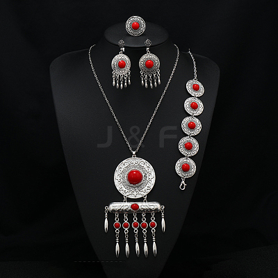 Flat Round Alloy with Resin Pendant Necklace & Stud Dangle Earring & Link Bracelet & Ring FS-WGB1F06-11-1