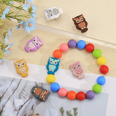 14Pcs 7 Colors Owl Food Grade Eco-Friendly Silicone Focal Beads SIL-CA0003-09-1