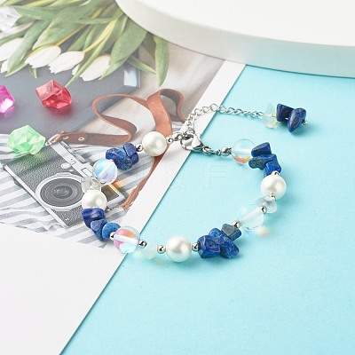 Natural Lapis Lazuli(Dyed) Chip Beaded Bracelet for Girl Women BJEW-TA00019-04-1