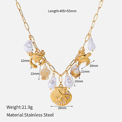 Summer Beach 304 Stainless Steel & Resin & Imitation Pearl Multi Pendant Bib Necklaces WG24D18-01-1