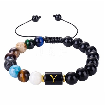 10MM Natural Black Obsidian Alphabet Beaded Braided Bracelets TO2319-24-1