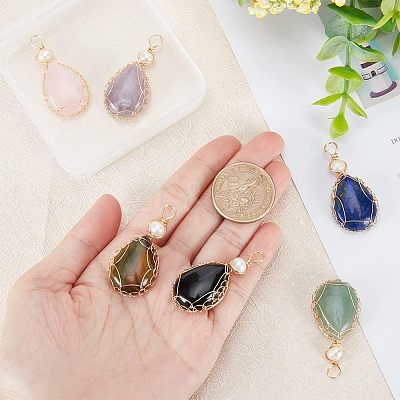 6Pcs 6 Styles Natural Gemstone Copper Wire Wrapped Pendants G-NB0003-75-1