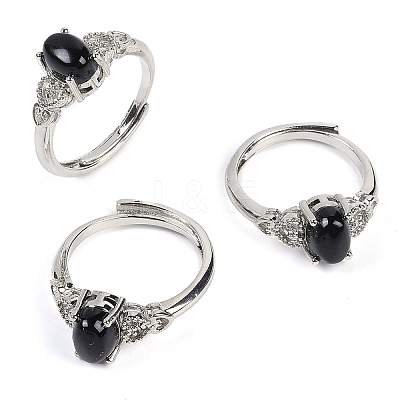 Oval Natural Dyed & Heated Black Agate Adjustable Rings RJEW-Q819-01P-09-1