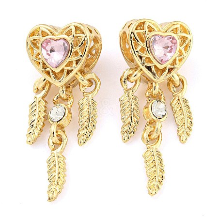 Rack Plating Alloy Pave Light Padparadscha Rhinestone Heart with Feather European Dangle Charms FIND-B034-19G-01-1