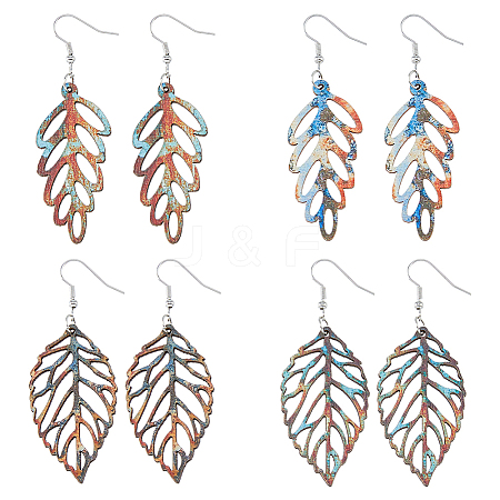 FIBLOOM 4 Pairs 4 Style Wood Hollow Leaf Dangle Earrings EJEW-FI0001-95-1