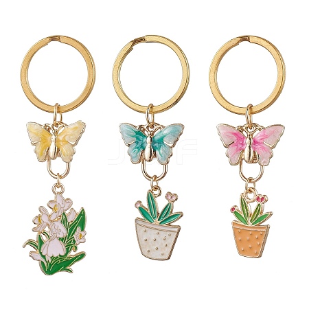 3Pcs Potted Plant & Butterfly Alloy Enamel Pendant Keychains KEYC-JKC01160-1