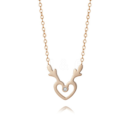 Deer Antler Heart Stainless Steel Rhinestone Pendant Necklaces DZ8057-1