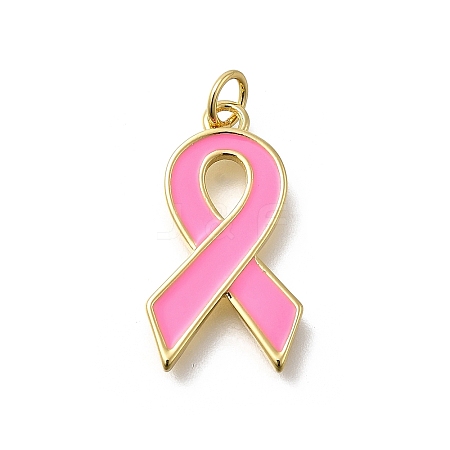 October Breast Cancer Pink Awareness Ribbon Brass Enamel Pendants LS-KK-S517-04F-G-1