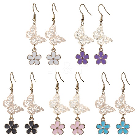 Alloy Enamel Flower & Brass Butterfly Dangle Earrings EJEW-JE05404-1