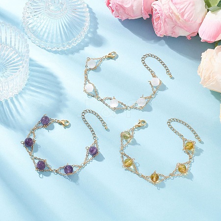 3Pcs Natural Gemstone Round Beads Link Bracelets for Women BJEW-JB12149-1