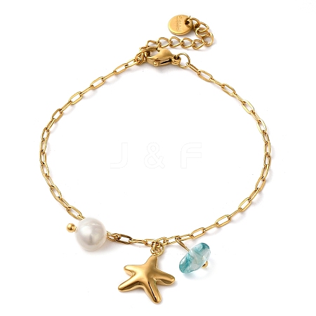 Freshwater Pearl & Glass & Beach Starfish Charm Bracelets BJEW-K237-06G-04-1