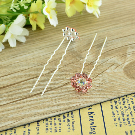 Lady's Hair Accessories Silver Color Iron Rhinestone Flower Hair Forks PHAR-S194-09-1