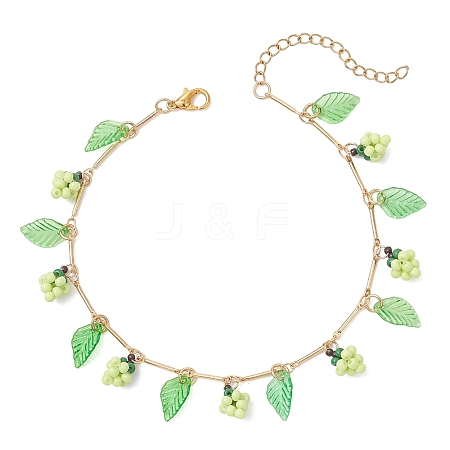 Acrylic Leaf & Glass Seed Beaded Grapes Tassel Brass Bar Link Chain Anklets for Women AJEW-MZ00008-02-1