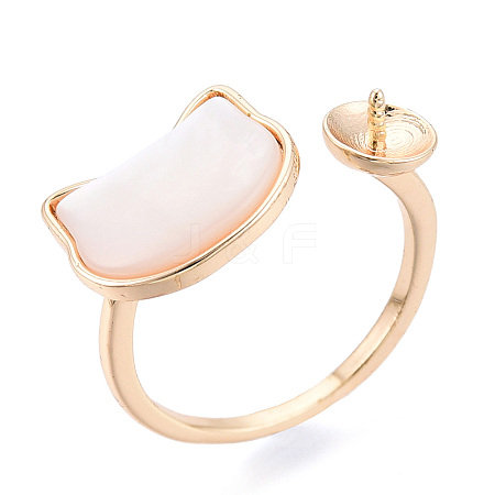 Cat Shape Brass Shell Cuff Ring Settings KK-T076-65G-1