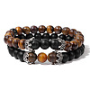 2Pcs 2 Styles Natural Tiger Eye & Black Obsidian Beads Stretch Bracelet Set for Women Men MO5189-1-1