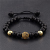 Round Natural Black Onyx(Dyed & Heated) & Brass Pave Cubic Zirconia Braided Bead Bracelets for Women Men QX9034-1-1