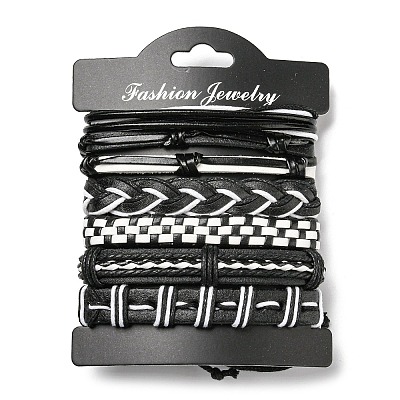 6Pcs 6 Style Adjustable Braided Imitation Leather Cord Bracelet Set with Waxed Cord for Men BJEW-F458-06-1