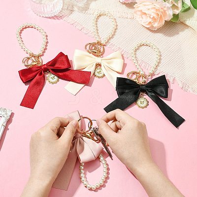 4Pcs 4 Colors Alloy Imitation Pearl Bowknot Keychains for Decorations ST-CJ0028-03-1