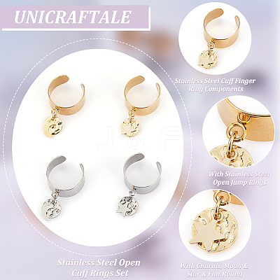 8Pcs 4 Style 304 Stainless Steel Open Cuff Rings Set with Charms RJEW-AB00009-1