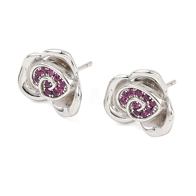 Rose Flower Brass Micro Pave Cubic Zirconia Stud Earrings EJEW-G452-08P-01-1