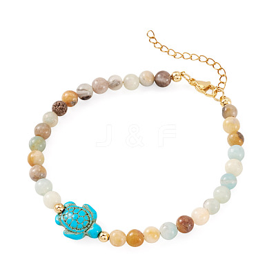 Ocean Dyed Synthetic Turquoise Turtle & Natural Flower Amazonite Round Beaded Anklets AJEW-TA00062-1