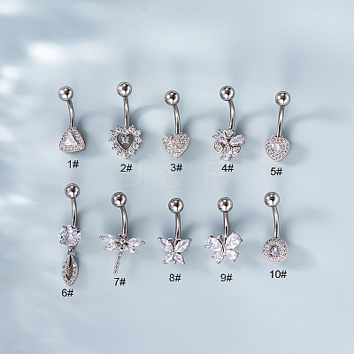 316L Surgical Stainless Steel Clear Cubic Zirconia Curved Barbell Belly Rings WG7644D-03-1