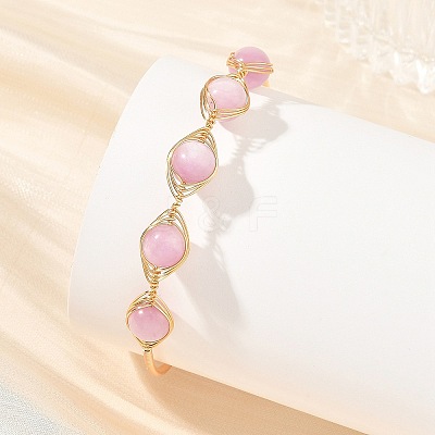 Natural Kunzite Horse Eye Herringbone Wire-Wrapped Open Cuff Bangles BJEW-JB14460-1