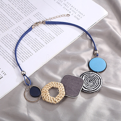 Bohemian Style Alloy and Raffia Geometric Pendant PU Leather Cord Bib Necklaces FS-WG7F958-02-1
