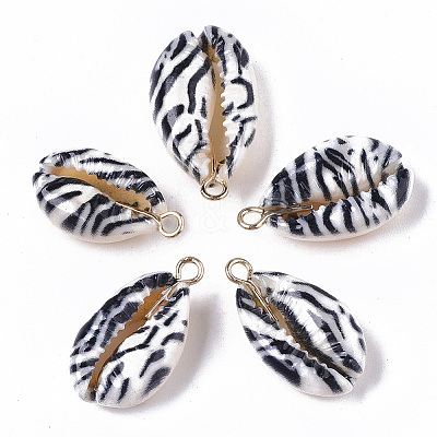 Printed Natural Cowrie Shell Pendants X-SSHEL-R047-02-A01-1