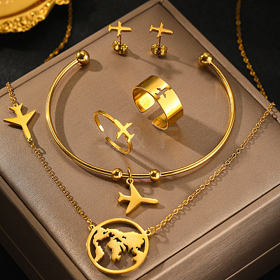 Airplane & Earth 201 Stainless Steel Pendant Necklace & Stud Earring & Cuff Ring & Cuff Bangle Sets FS-WG54043-01-1