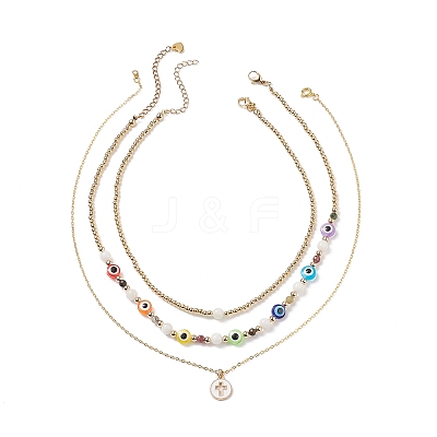 3Pcs 3 Style Natural White Moonstone & Resin Evil Eye Beaded Necklaces Set NJEW-JN04026-1