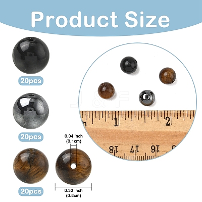60Pcs 3 Styles Natural Tiger Eye & Obsidian & Synthetic Non-Magnetic Hematite Round Beads G-YW0002-73-1