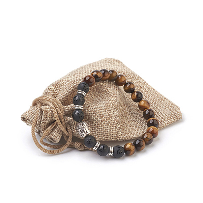 Natural Tiger Eye Beads and Natural Frosted Agate Beads Stretch Bracelets BJEW-JB03848-04-1