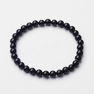 Natural Dyed & Heated Black Agate Round Beaded Stretch Bracelets BJEW-F202-02-1