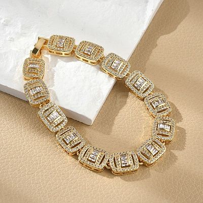 Brass Micro Pave Clear Cubic Zirconia Rectangle Link Bracelets for Women BJEW-C100-01G-1