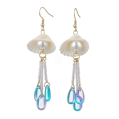 Glass & Natural Shell Dangle Earrings EJEW-MZ00384-1