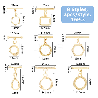 16Pcs 8 Styles Brass Toggle Clasps KK-HS0001-40-1