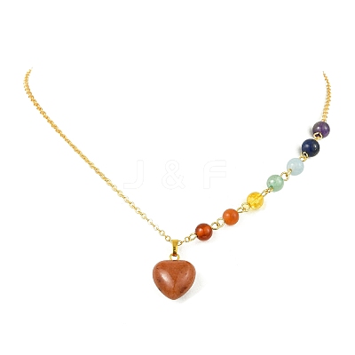 Chakra Natural Mixed Stone Heart Pendant Brass Cable Chain Necklaces for Women NJEW-JN06267-1