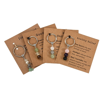 4 Styles Round Natural Mixed Stone Keychains KEYC-YW0001-33-1