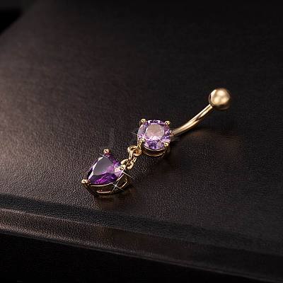 Real 18K Gold Plated Brass Rhinestone Heart Navel Ring Belly Rings AJEW-EE0001-56C-1
