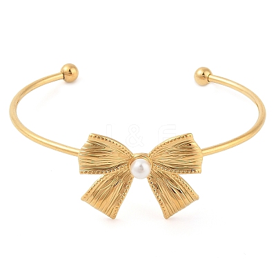 Bowknot 304 Stainless Steel Pave Shell Pearl Open Cuff Torque Bangles for Women BJEW-Z070-03G-1