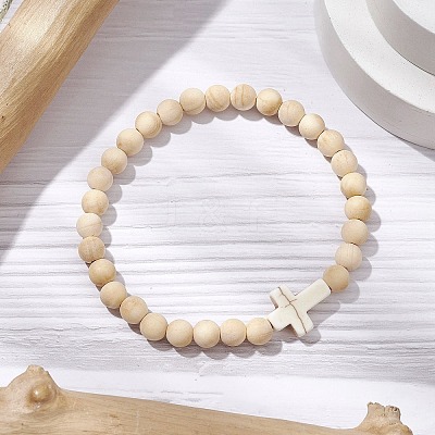 Natural Wood Beads Stretch Bracelets for Women BJEW-JB11338-01-1