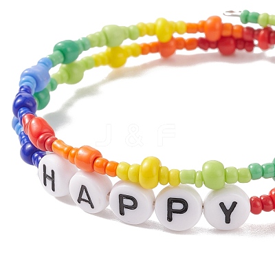 Colorful Acrylic Word & Glass Seed Beaded Wrap Bangle BJEW-JB08561-1