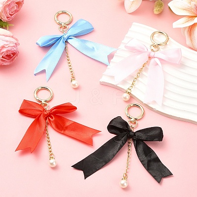 2Pcs Aluminum & Polyester Bowknot & Acrylic Pearl Shoes Charms HJEW-YW00535-01-1