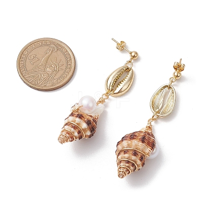 Alloy Natural Shell Beaded Dangle Stud Earrings EJEW-JE06268-1
