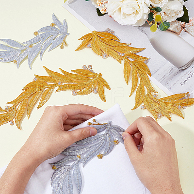 2 Pairs 2 Colors Polyester Metallic Thread Embroidery Leaf Appliques DIY-FH0005-82-1