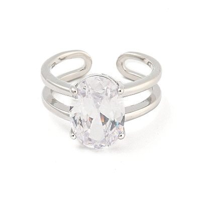 Oval Brass Micro Pave Clear Cubic Zirconia Open Cuff Rings RJEW-G309-37P-1