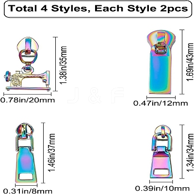 8 Pcs 4 Styles Zinc Alloy Replacement Zipper Sliders FIND-GF0001-41MC-1